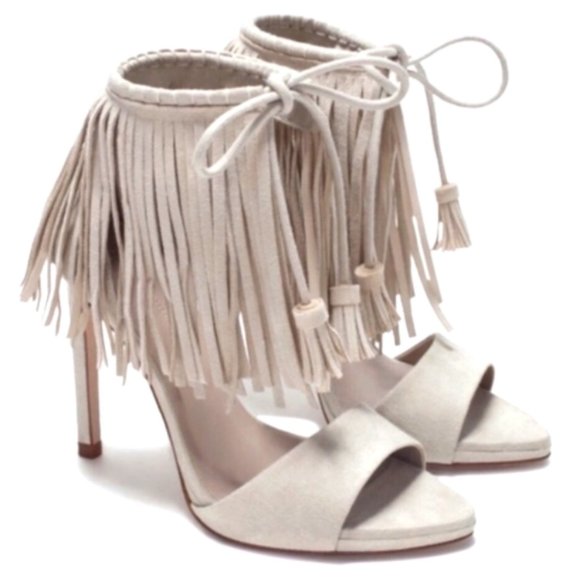 Zara BLACK High Heel Fringe Ankle Strap Sandals - Picture 2 of 8